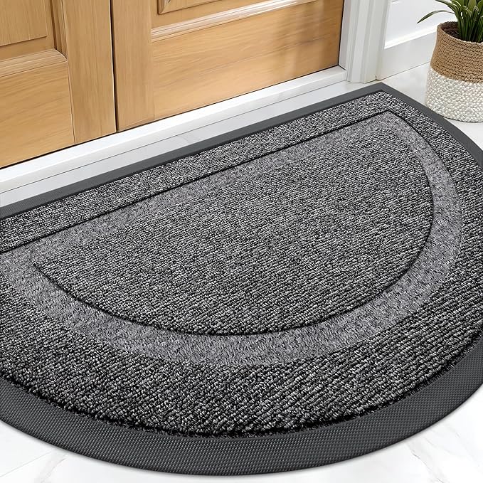 OLANLY Half Circle Front Door Mat Outside 33x21 All-Season Rubber Doormat | Black and White, Absorbent, Heavy-Duty, Stain and Fade Resistant, Non-Slip Backing, Low-Profile Indoor Outdoor Entryway Mat