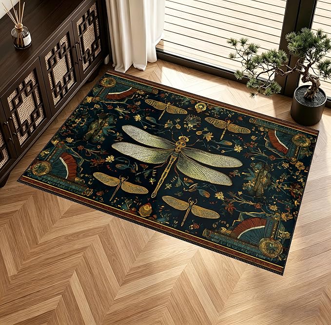 Vintage Dragonfly Laundry Room Mat 23.6 x 19.6 Inch, Dark Teal Botanical Non-Slip Washer Dryer Floor Rug for Entryway, Kitchen and Bathroom (Dark Green)