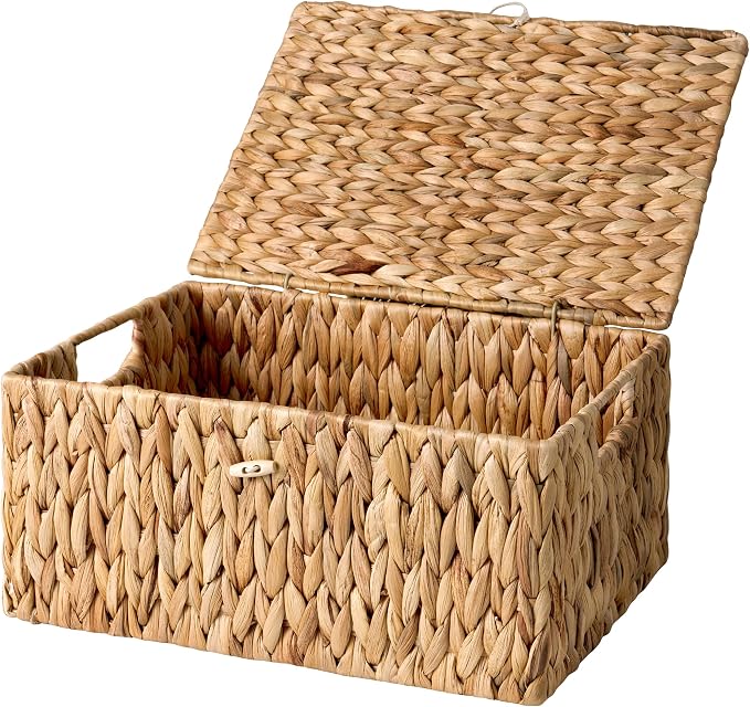 StorageWorks Wicker Basket with Lid, Storage Baskets with Lids, Hyacinth | Woven Baskets with Lids for Shelves, Wicker Storage Baskets with Lids, Lidded Baskets for Organizing, Large, 1 Pack