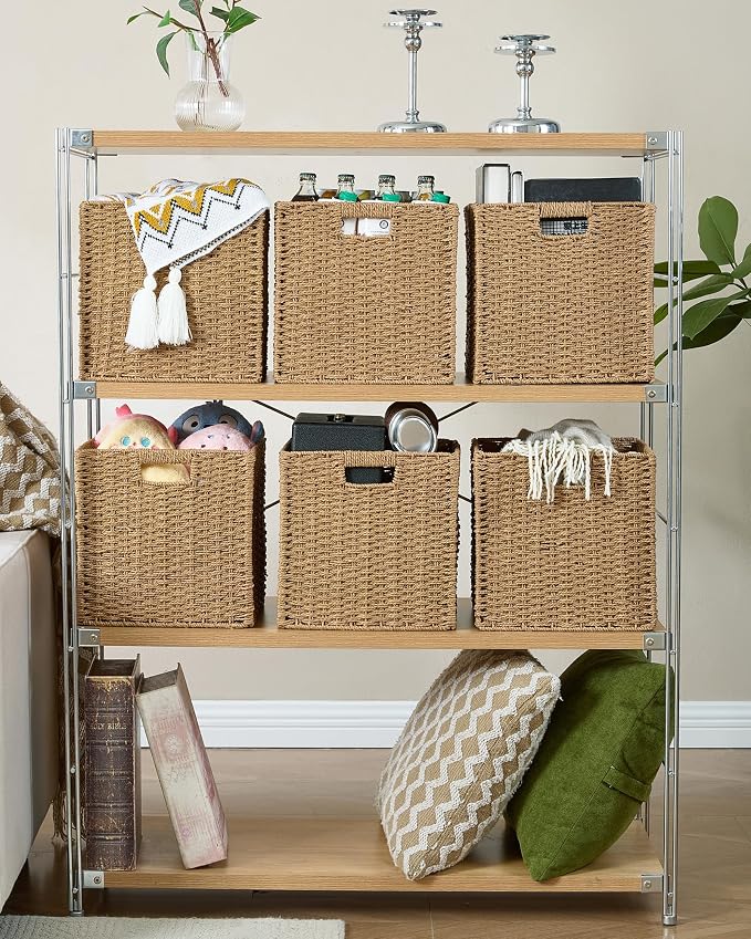 Paper Woven Foldable Storage Baskets 6 Pack, 11.4 Inch Cube Storage Bins, Handmade Paper Material Collapsible Organizer for Shelves & Home Organization, Ideal for Clothes Books Toys Snacks (Natural)
