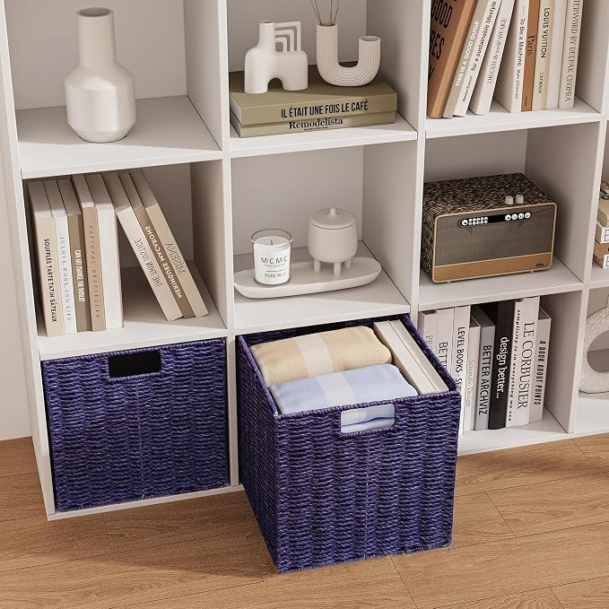 Vagusicc Wicker Storage Basket, Set of 2 Hand-Woven Wicker Basket, 11 inch Storage Basket, Foldable Cube Storage Organizer Bins, Storage Baskets for Organizing Shelves Decor, Purple (11″×11″×11″)