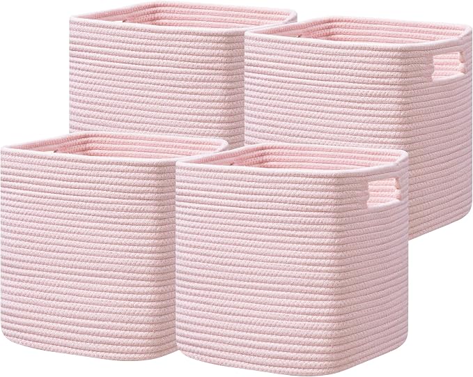 Dreamcountry 13x13 Cube Storage Bins, Storage Cubes with Handles, 4 Pack Cotton Rope Basket for Shelves, Cube Storage Organizer forToys, Book, Clothes, Home, Office, Nursery, Pink