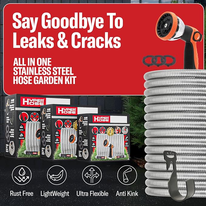 Best 150 ft Metal Garden Hose Set - No-Kink Durable 316 Stainless Steel, 10-Way Zync Spray Nozzle & Hook – Tough Flexible Heavy Duty Water Hoses, 5/8 in, Rust, Weather, LeakProof