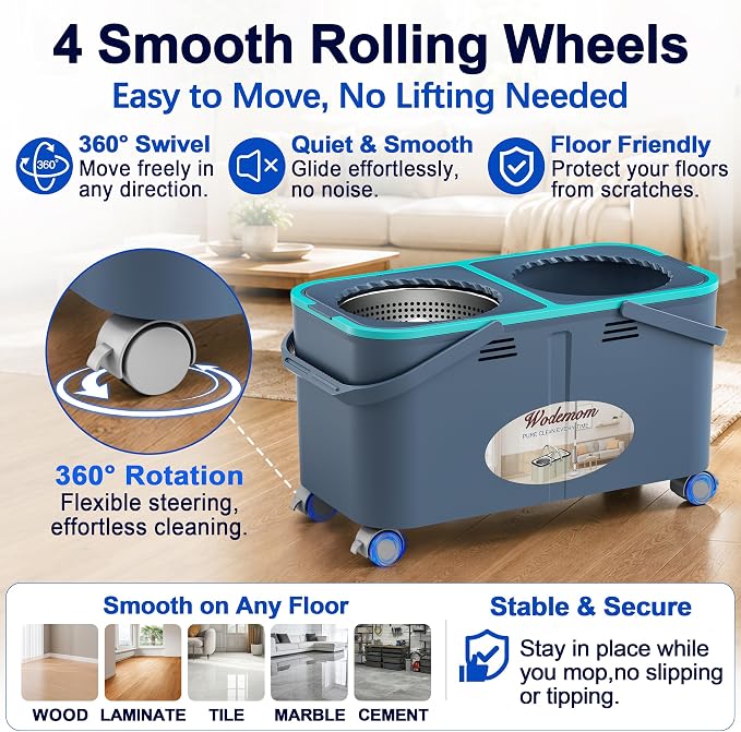 Easy-Rinse Mop Bucket Gen 2, Clean/Dirty Water Separation,Grey/Blue | 1.5 Gal Clean-Water Tank, 6 Reusable Heads, 4 Swivel Wheels, 61-Inch Handle, For Apartments, Hardwood, Laminate & Tile Floors