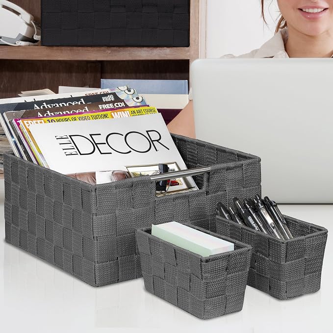Sorbus Baskets for Organizing, 7-Piece Hand-Woven Storage Set (Grey) | Mesh organizers with handles keep linens and accessories sorted on closet shelves; seven-piece variety fits many spaces.