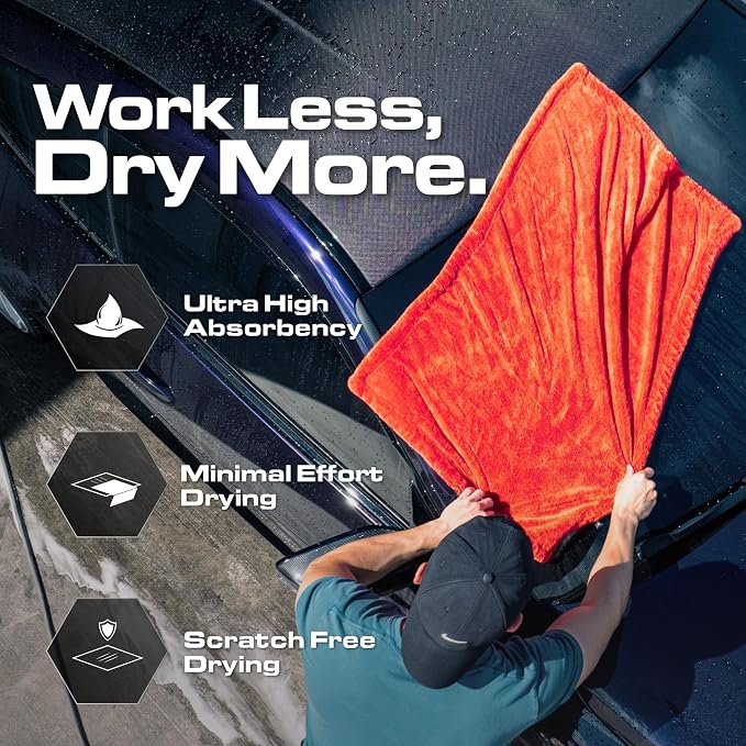 Microfiber Car Drying Towel 24"x36", 1300GSM Twisted Loop | Twisted Loop microfiber dries your car in one pass-1300GSM, streak-free & scratch-safe. Absorbs 6x its weight, no water spots