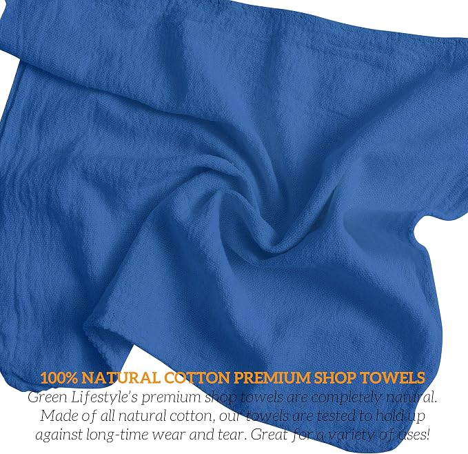 GREEN LIFESTYLE Shop Towels 12" x 14" 600 Pack - Blue Cotton Shop Towels, Cleaning Rags Bulk, Reusable Shop Rags, Absorbent Terry Cloth Towels for Garage, Automotive, Industrial and Housekeeping Use