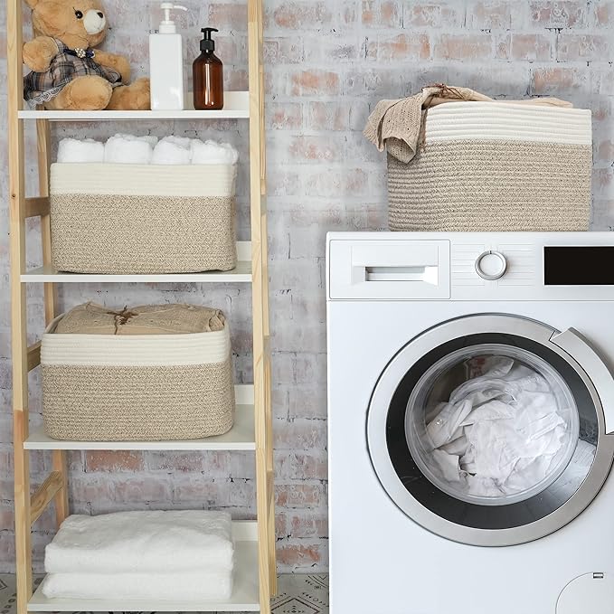 XUANGUO Woven Cotton Rope Storage Baskets 15x10x9.3" 3 Pack White and Brown | Decorative rectangular storage baskets for shelves and closets; storage bins organize clothes, toys, books and nursery items.