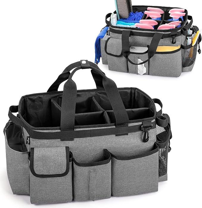 LoDrid Large Wearable Cleaning Caddy Bag with Detachable Divider,Grey | Cleaning Supply Tote Organizer with Handles and Adjustable Shoulder Strap for Cleaners & Housekeepers