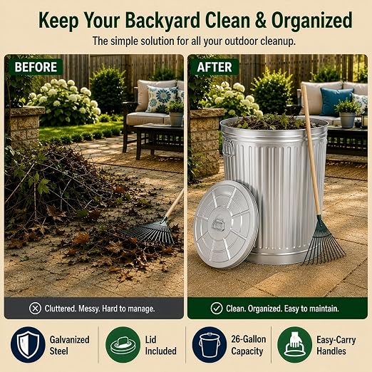 Gardenised Round Galvanized Steel, 26 Gallon Trash Can with Lid - Durable Metal Bucket for Backyard, Lawn, Garden and Yard Use - Weather-Resistant Garbage Can for Indoor and Outdoor, 28-inch