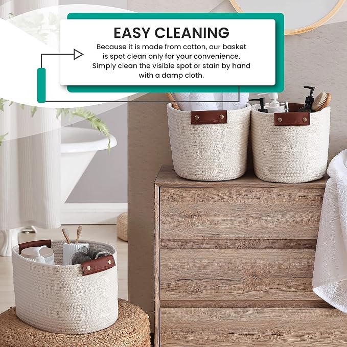 3 Pack Woven Cotton Rope Storage Basket, 15x10x9, Cream | Faux Leather Handles; Decorative Closet Shelf Organizer; Ideal for Storage & Organization