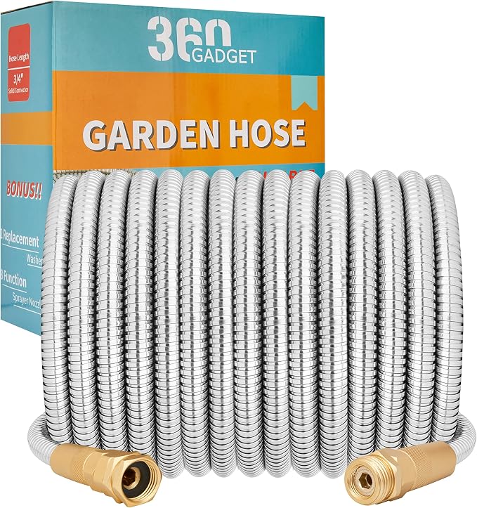 Garden Hose Metal - 75ft Heavy Duty Stainless Steel Water Hose with 8 Function Sprayer & Metal Fittings, Flexible, Lightweight, No Kink, Puncture Proof Hose for Yard, Outdoors, Rv