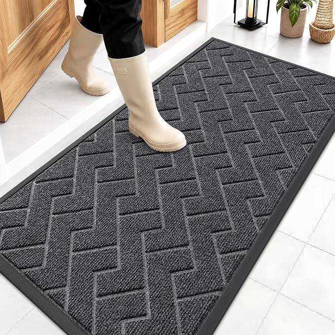 OLANLY Front Door Mat Outside 47x23, All-Season Absorbent Rubber Doormat | Grey, Heavy-Duty, Stain and Fade Resistant, Waterproof Non-Slip Backing, Low-Profile Indoor Outdoor Floor Mat for Entryway