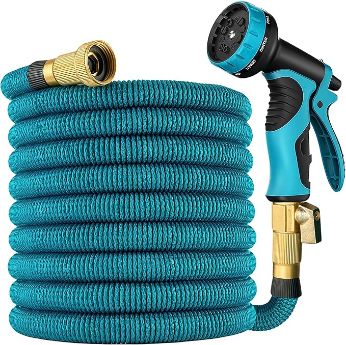 Expandable Garden Hose 100 ft with 10 Function Nozzle Sprayer, Lightweight Flexible Water Hose with Durable Collapsible Latex Core & Solid Brass Fittings, 100ft Retractable Stretch Hose, Blue