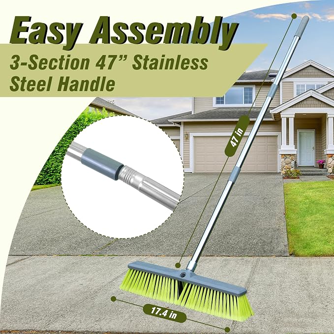 18" Push Broom with 47" Long Handle, Multi-Surface Floor Scrub Brush for Cleaning Deck, Patio, Garage, Driveway | Multi-Surface Floor Scrub Brush for Cleaning Deck, Patio, Garage, Driveway
