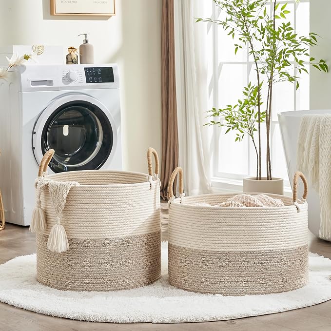 KAKAMAY Large Blanket Basket with Handles, Storage Basket for Living Room | Extra Large Capacity | Natural Cotton Rope | Blanket Storage | Woven Storage Basket | Stuffed Animal Storage | Laundry Basket