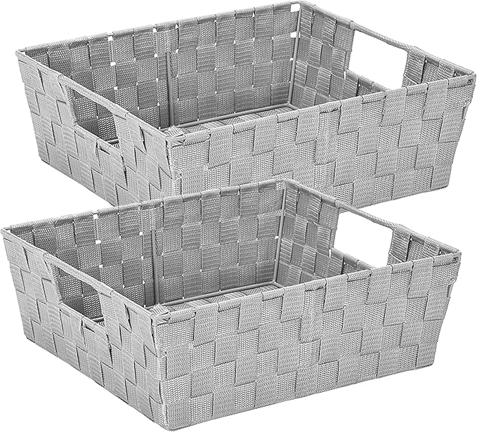 Simplify 2 Pack Large Storage Shelf Totes with Woven Strap in Heather Grey | Decorative | Baskets | Organization | Accessories | Drawer | Desk | Closet | Bathroom | Bedroom | Nursery | Toys | Gifts