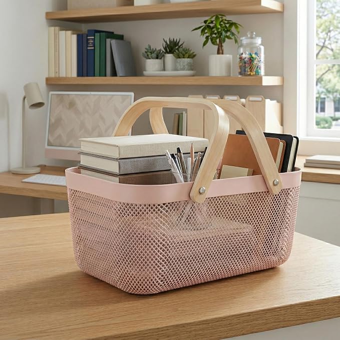 Simplify Large Mesh Plastic Storage Basket with Wooden Handle Blush Color | Garden Harvest Organizer | Kitchen Pantry Storage Bin