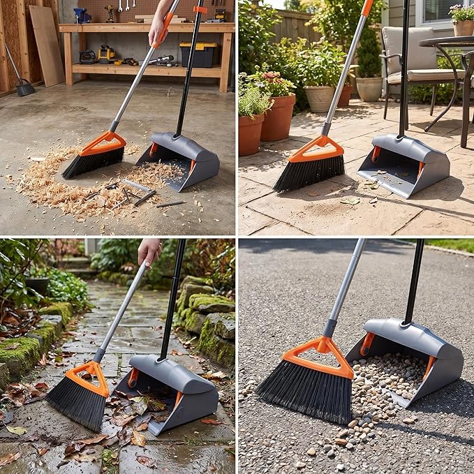 CLEANHOME Heavy Duty Broom with Dustpan Combo Set, Grey | Indoor and Outdoor,Stiff Bristle, Commercial Angle Broom and Standing Dust Pans, Long Handle ,for Sweeping Home,Kitchen,Yard