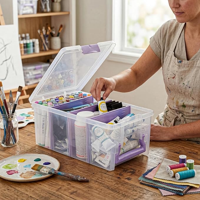 ArtBin Semi Satchel Portable Craft Organizer with 3 Dividers - Clear Plastic Storage Case for Art & Craft Supplies | 3 Removable Dividers, 15.2 x 8 x 6.2 Inches, Secure Latches, Carry Handle, Clear Durable Polypropylene