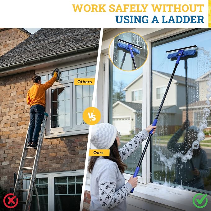 2-in-1 Window Squeegee with 60” Extendable Pole | Rotatable Glass Cleaner Tool for Commercial and Residential Use, 2 Reusable Sleeves and 14” Blade