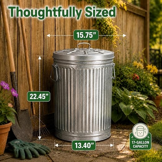 Gardenised Round Galvanized Steel 17 Gallon Trash Can with Lid and Handles Durable Metal Storage Bucket for Backyard Lawn Garden and Yard Use Weather-Resistant Garbage Can for Indoor and Outdoor