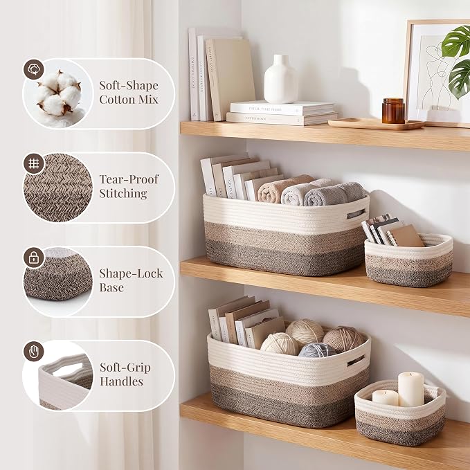 5 Pack Storage Baskets for Shelves, 17"x13"x7.5" & 7"x7"x3.5" | Cotton Rope Woven Baskets for Organizing, 2 Sizes Organizer Bins, Baskets for Shelves, Nursery, Toys, Closets, Laundry & Home