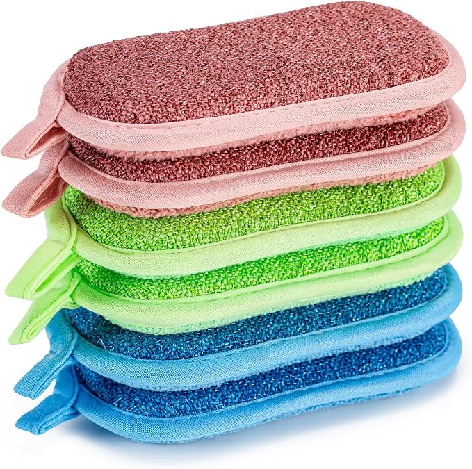 Non Scratch Scrub Sponge-6pack, Dual-Sided Sponges Kitchen(M, 3 Color) | Reusable Microfiber Sponge for Efficiently Cleaning Dishes, High Density Sponge Inside