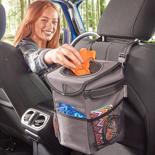 High Road StashAway Heavy Duty Car Trash Can with Rubber Lid | Gray Car Garbage Can with 3 Storage Pockets and Sturdy Panels - Sits Behind the Console or Hangs from the Headrest