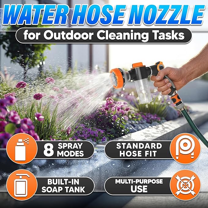 Car Wash Sprayer and Nozzle with Soap Dispenser, 3.5 oz Foam Tank (Orange) | Hose Attachment for Car, Truck, and Dog Washing, Foam Control Dial, 8 Spray Patterns, Fits 3/4 In Hose, ABS Body, 2 O-Rings