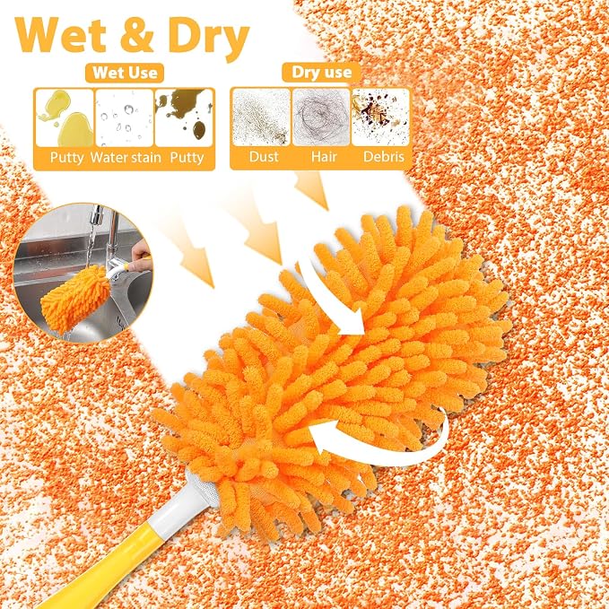 11-Pack Reusable Duster Kit – Heavy Duty Chenille Refills with Handle, 360° Microfiber Dusting for Home & Office (Orange)