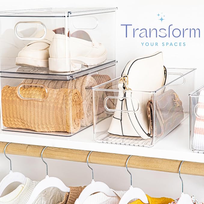 Plastic Food Storage 4 Pack Clear Container Bin with Handles for Organizing Kitchen, Pantry, Refrigerator, Freezer, Pantry, Cabinet, Closet, Bathroom. 16”x6”x5”