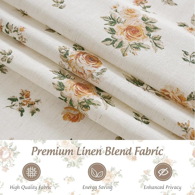 StangH Oak Yellow Cordless Linen Floral Roman Shades, W32 x L64, 1 Panel | Magnetic Style with Easy Handle, Light Diffusing Window Blind, Vintage Rose Printed Blind, for Nursery