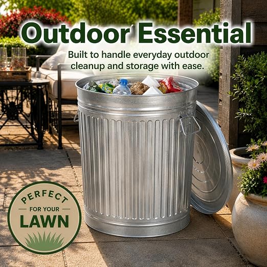 Gardenised Round Galvanized Steel, 26 Gallon Trash Can with Lid - Durable Metal Bucket for Backyard, Lawn, Garden and Yard Use - Weather-Resistant Garbage Can for Indoor and Outdoor, 28-inch