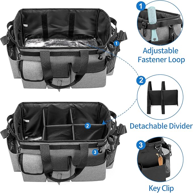 LoDrid Large Wearable Cleaning Caddy Bag with Detachable Divider,Grey | Cleaning Supply Tote Organizer with Handles and Adjustable Shoulder Strap for Cleaners & Housekeepers