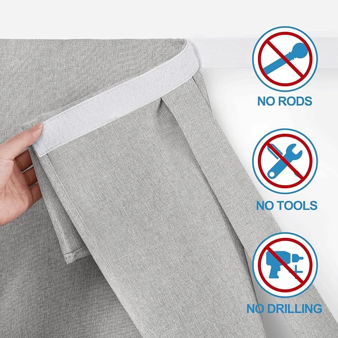 RYB HOME Linen Blended French Door Curtains, Self Adhesive Shades | Privacy, Room Darkening, Glass Door Window Curtains, for Kitchen Patio Sidelight Window, Tie Up, W34 x L69, Grey, 1 Panel