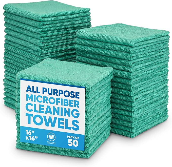 Microfiber Wholesale 16" x 16" All Purpose Towels - 50 Pack - Reusable Wash Cloths, Dust, Kitchen, Car, Shop Rags for Cleaning (Green)