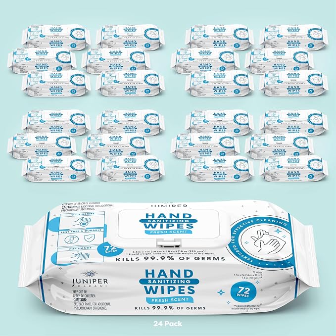Juniper CLEAN 24 Pack Hand Sanitizing Wipes, All-Purpose Cleaner for Bathroom, Kitchen, Office, 1728 Count Soft Flow with Gift Basket
