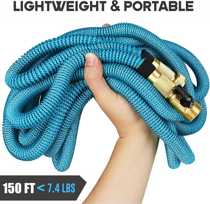 Expandable Garden Hose 150 ft with 10 Function Nozzle Sprayer, Lightweight Flexible Water Hose with Durable Collapsible Latex Core & Solid Brass Fittings, 150ft Retractable Stretch Hose, Blue