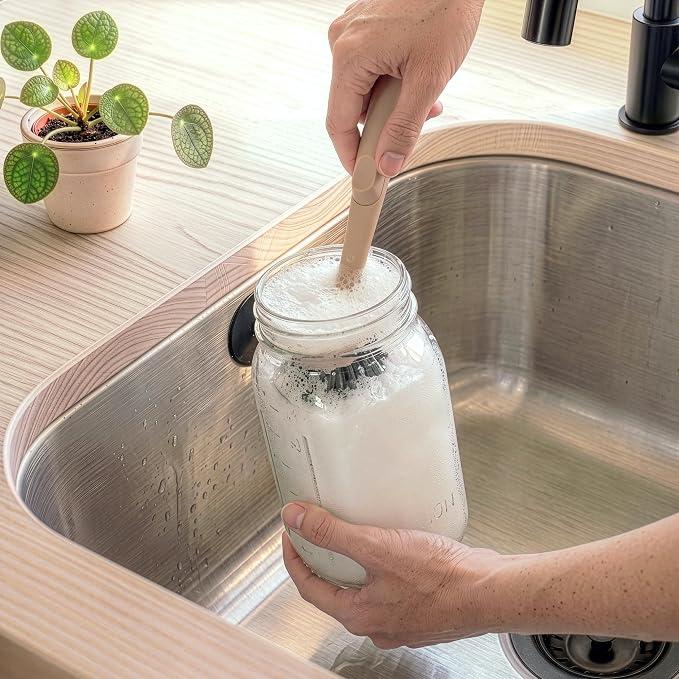 Earth & Mango Magnetic Dish Brush & Scraper, Snaps to Sink, Cacao Brown