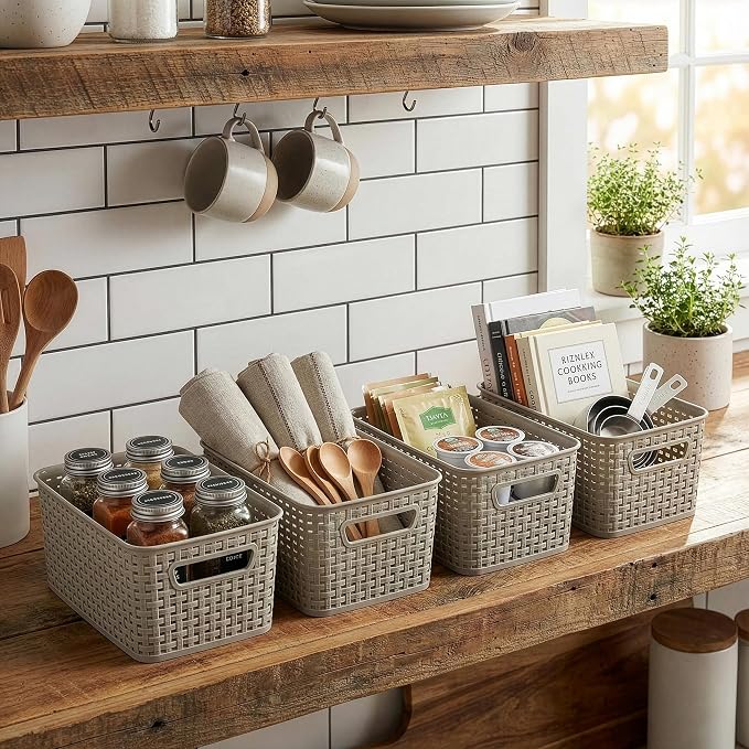 BINO | Plastic Storage Baskets, 5.5 Liter - 3 Pack, Natural Grey | THE WOVEN COLLECTION | Storage Basket for Shelves | Woven Storage Baskets for Organizing Bins Pantry Shelf Organizer | Container Bin