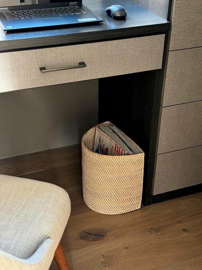 KOUBOO Half-Moon Rattan Waste Basket, Wicker Trash Can, Off White/Latte Bin | Handwoven natural texture, space-saving shape, lightweight construction, ideal for paper and dry household waste