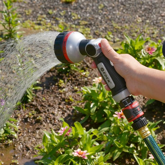 Eden 94814 Metal Thumb Control Heavy Duty Garden Hose Nozzle, Water Sprayer Nozzle with 6 Adjustable Watering Patterns, W/Quick Connect Starter Set for Plants, Lawn, Garden