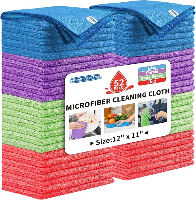 Microfiber Cleaning Cloth, 52 Pack Cleaning Rags,12" X 11" Lint Free Dish Towels Wash Cloths, Reusable Microfiber Towels for Home and Kitchen Bathroom Apartment Cleaning Supplies, Assorted