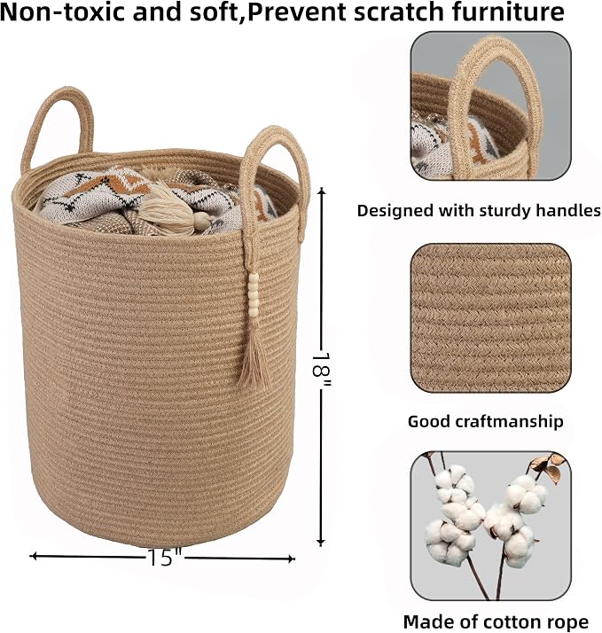 XUANGUO Rope Laundry Basket Laundry Hamper for Clothes Jute | Baby Nursery Hamper Bin and Woven Storage Basket for Living Room Bedroom Boho Tall Rope Baskets Blankets Toys Pillows Towels