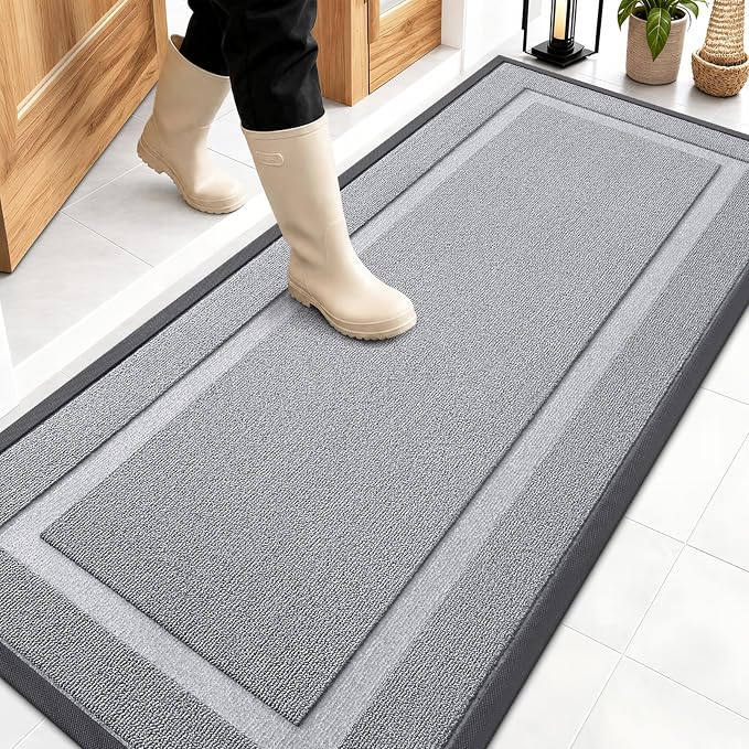 OLANLY Front Door Mat Outside 59x23, All-Season Heavy-Duty Rubber Doormat | Silver Gray, Absorbent, Stain Fade Resistant, Waterproof Non-Slip Backing, Low-Profile Indoor Outdoor Floor Mat for Entryway
