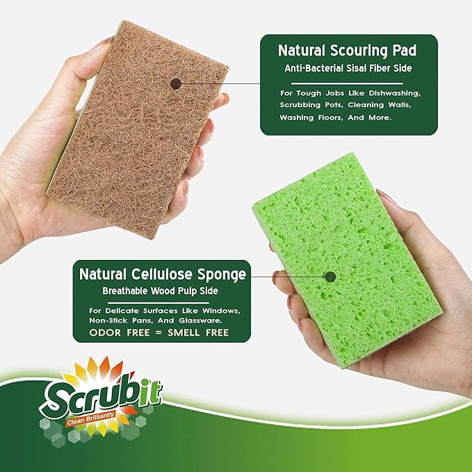 SCRUBIT Natural Sponges - 10 Pack Biodegradable Compostable Cellulose and Coconut Natural Sponges for Dishes, Eco Friendly Non Toxic Kitchen Sponge