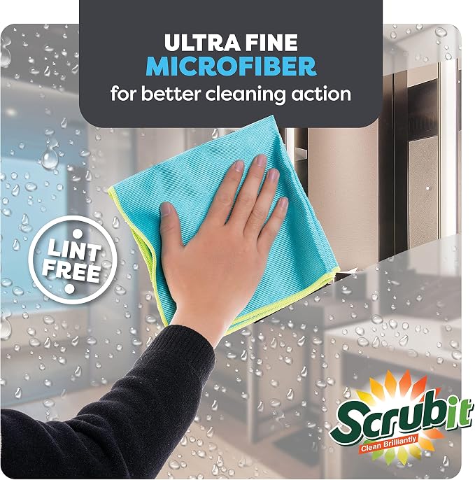 SCRUBIT Microfiber Cloths for Glass [8 Pack] – Lint Free Window Cleaning Cloth for Mirrors, Eyeglasses, Windows, Shower Glass Doors – Reusable and Washable Polishing Towels - 16” x 16”