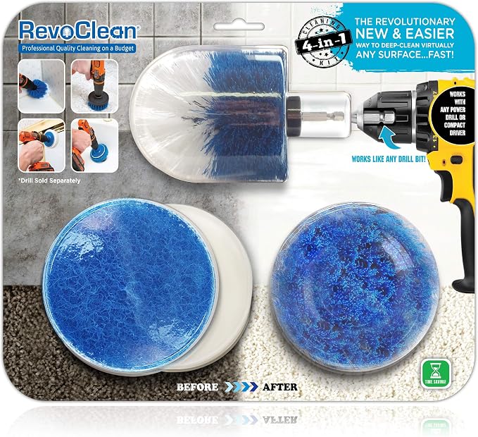 RevoClean 4 Piece Scrub Brush Power Drill Attachments-All Purpose Time Saving Kit-Perfect for Cleaning Grout, Tile, Counter, Shower, Grill, Floor, Kitchen, Blue & White