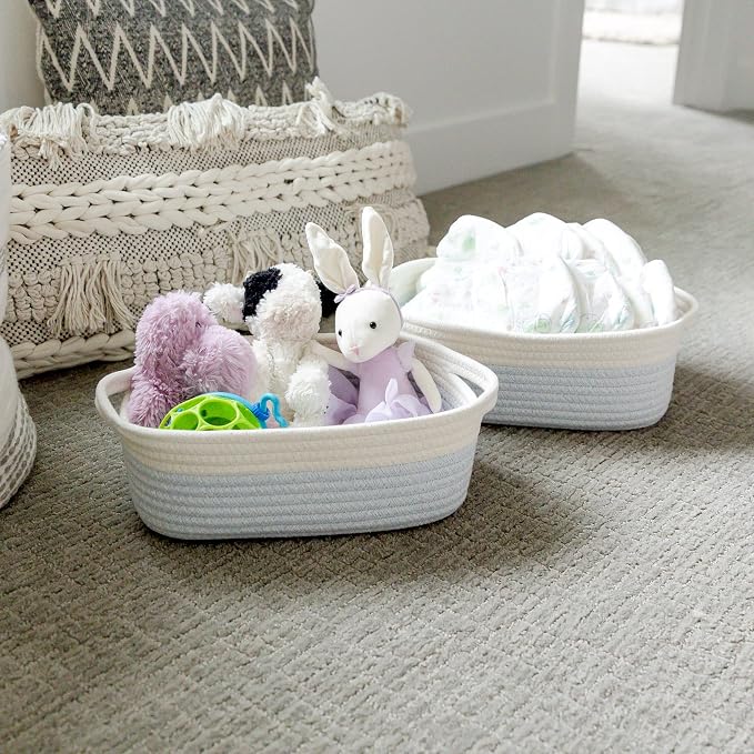 NaturalCozy 5-Piece Rectangle Storage Basket Set- Natural Cotton Rope Woven Baskets for Organizing! Small Basket for Montessori, Baby Nursery, Dog Toy Baskets, Cat Toy Box, Bathroom Organization Bin
